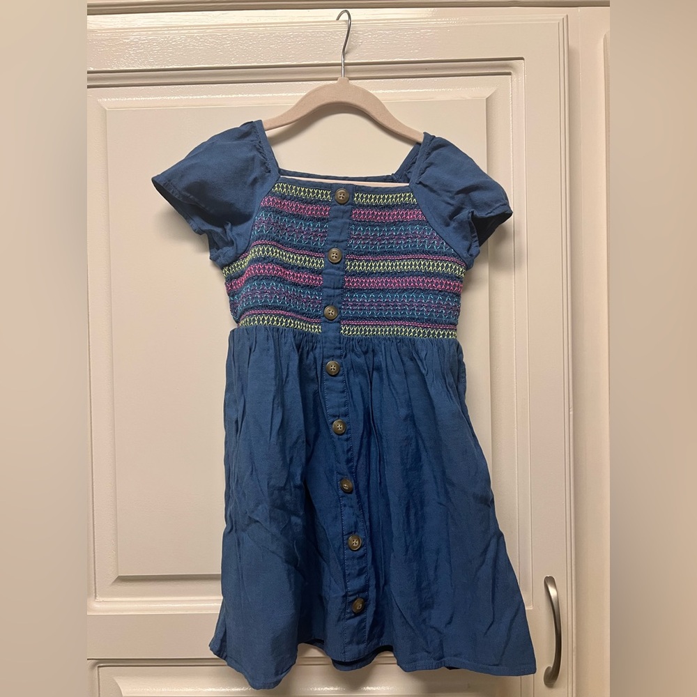 Lands' End Blue Embroidered Dress with Multicolor Stripes